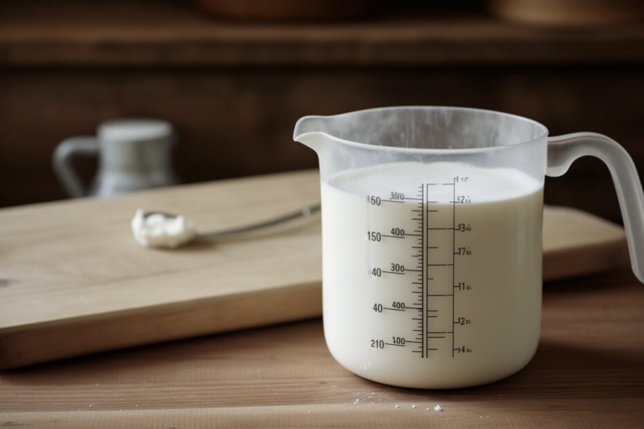 A kitchen measuring jug containing milk beside a wooden chopping board