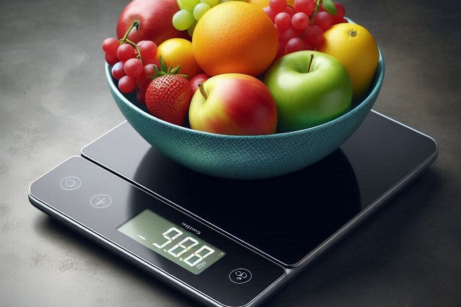 An image of a digital kitchen scal with a bowl of fruit on the weighing area